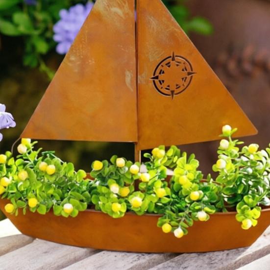 Рустикальная Железная Скульптура Парусника 3D Металлическая Лодка Кашпо Винтажная Морская Прибрежная Тема Цветочный Горшок для Патио Балкона Веранды Настольный Стол Офиса