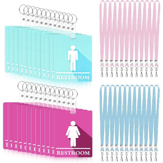 10 PCS Bathroom Passes for Classrooms Include Key Holder and Lanyard, Pink and Blue Bathroom Pass for Women Men, Bathroom Key Chain for Business