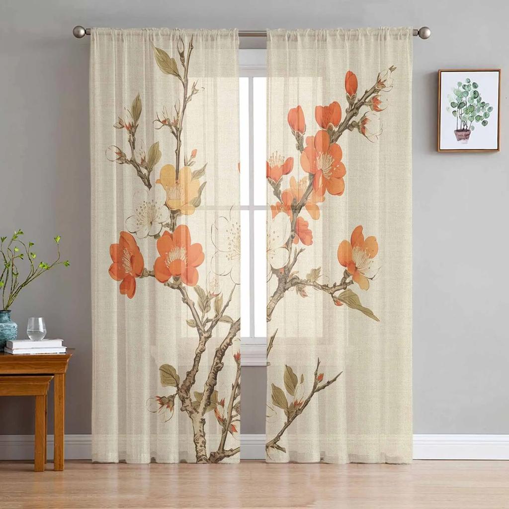 Beautiful Blooming Branches Tulle Window Curtain For Living Room Bedroom Voile Sheer Curtains Kitchen Treatments Drapes