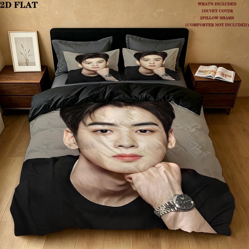 Cha Eunwoo Pattern Bedding Quilt Set Quilt Cover Pillowcase Home Birthday Gift(1 * duvet cover + 2 * pillowcase, without core)