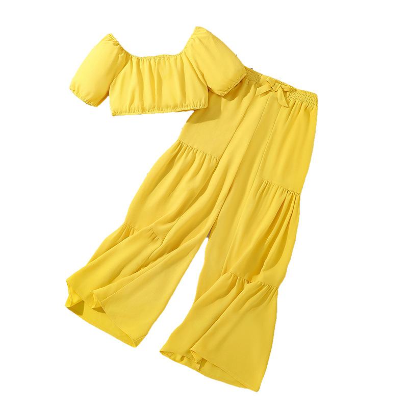 Костюм для отдыха для девочек, весенне-летняя детская мода, топ с короткими рукавами, широкие брюки, костюм из двух частей