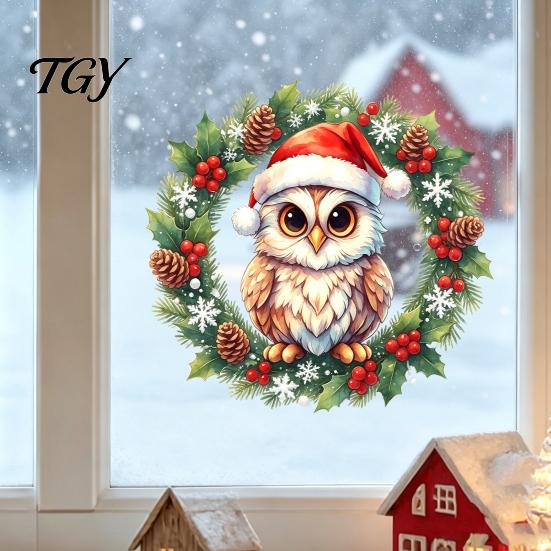 Removable Holiday Decals Christmas Owl Wreath Static Window Cling, Winter Glass Sticker, Seasonal Home Decoration No?Glue Reusable Decal for