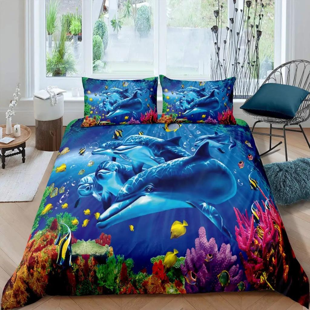 2/3pcs Fish Duvet Cover Set Ocean Bedding Sets 3D Printed Underwater World With Shark Dolphin Coral Reef Pattern Quilt Cover Set
