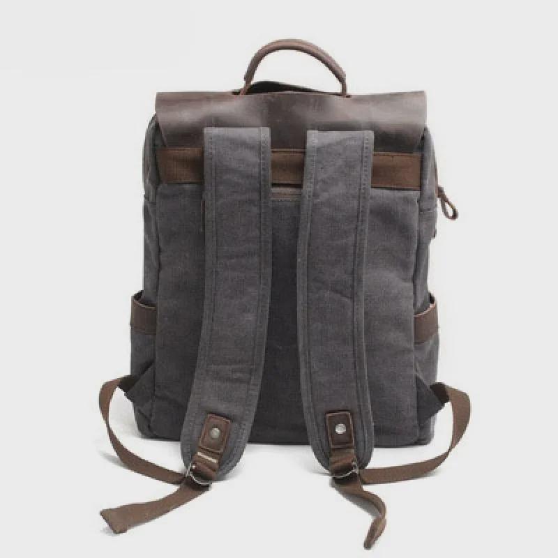 Vintage Canvas Backpack: Neutral College Style, Pure Cotton Canvas with Crazy Horse Leather Trim