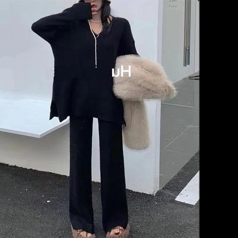 Женский облегающий вязаный костюм с напуском на весну и осень, свободный свитер с v-образным вырезом + широкие брюки с высокой талией, комплект из двух предметов