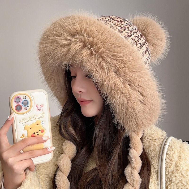 Женская термозимняя шапка из искусственного кроличьего меха, милая утолщенная белая пушистая шапка-ушанка, плюшевая шапка