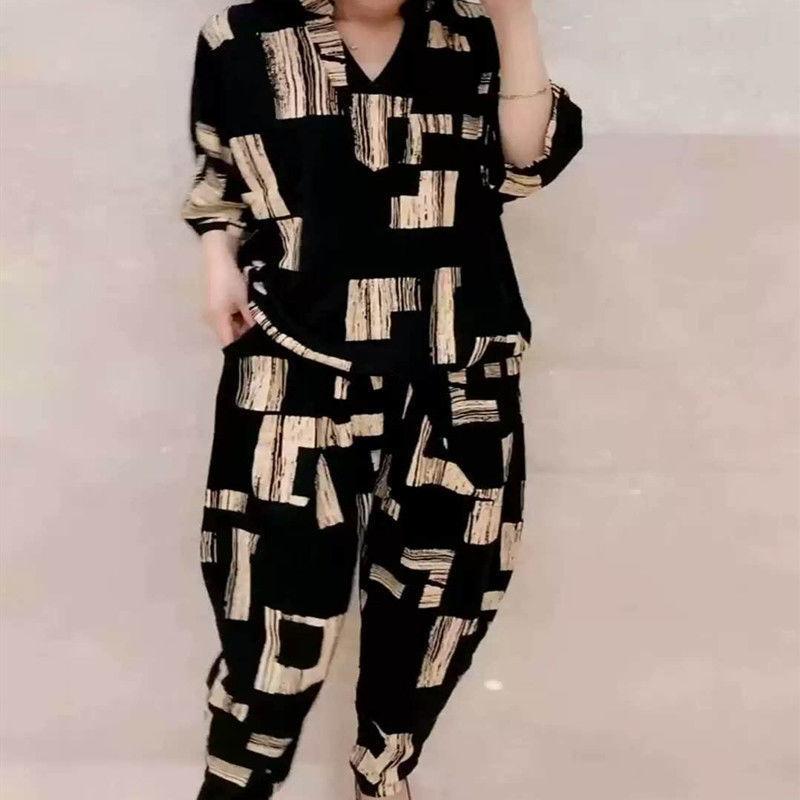 GMXIA Plus-size Women's Wear Chubby Girls' Set for Summer Is Stylish, Loose and Casual. Haren Skinny Pants Two-piece Set