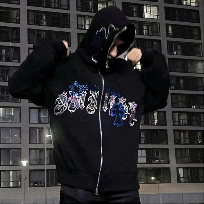 Cross Border Gothic Letter Zipper Y2K Trendy Cardigan Casual Hooded Sweatshirt from Europe and America
