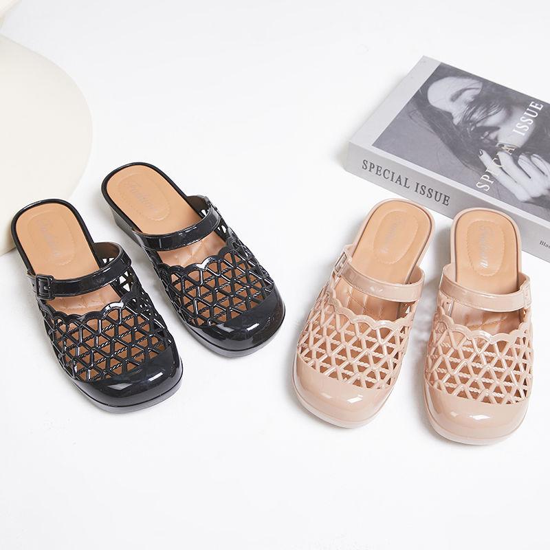 New Hollowed Out Baotou Slippers for Fashionable Outerwear Non Slip Lightweight Square Heel Versatile Cool Slippers for Women In Summer