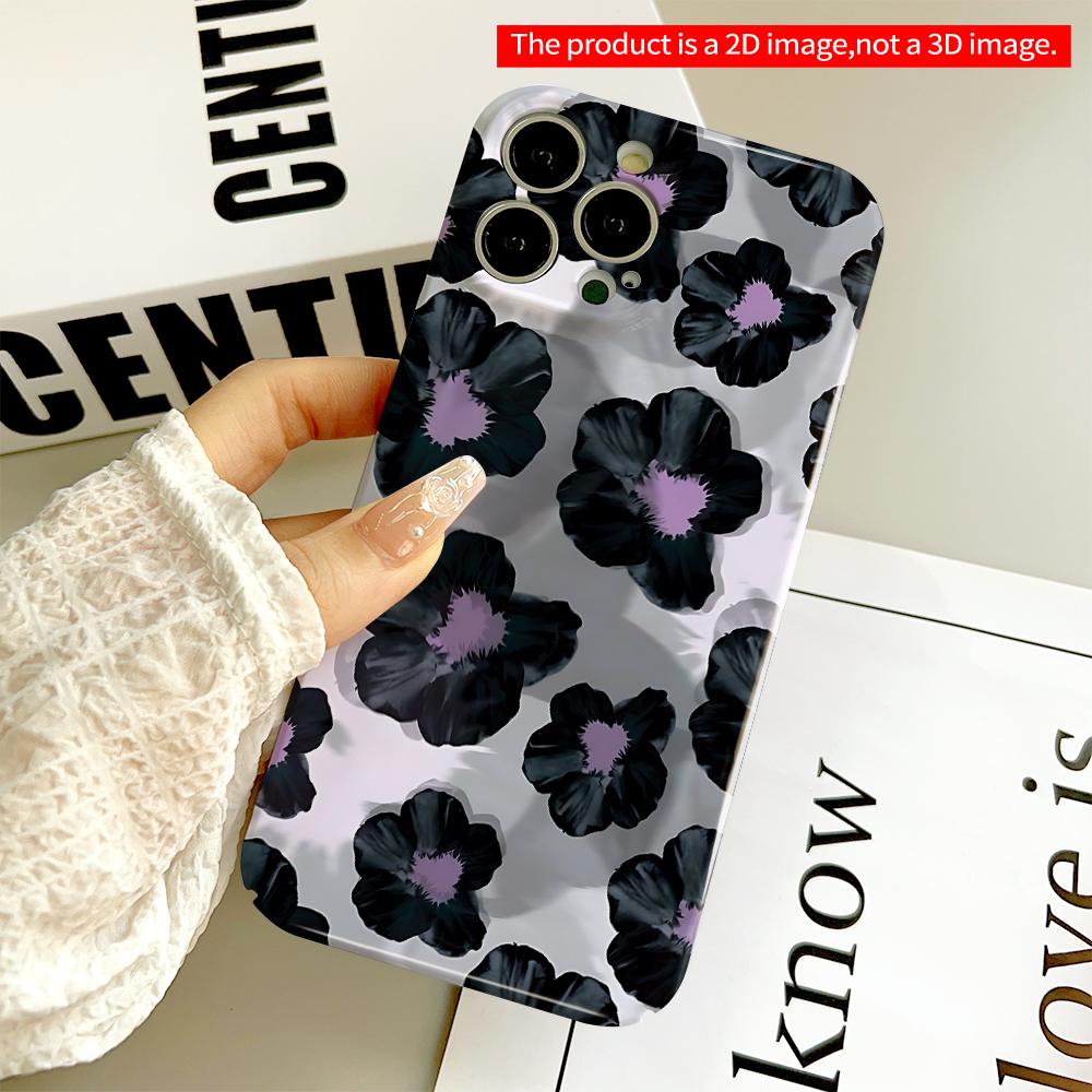Black Flowers with Purple Centers Phone Case All inclusive film hard phone case, compatible with iPhone 18 Pro Max 17 16 15 14 13 12 11