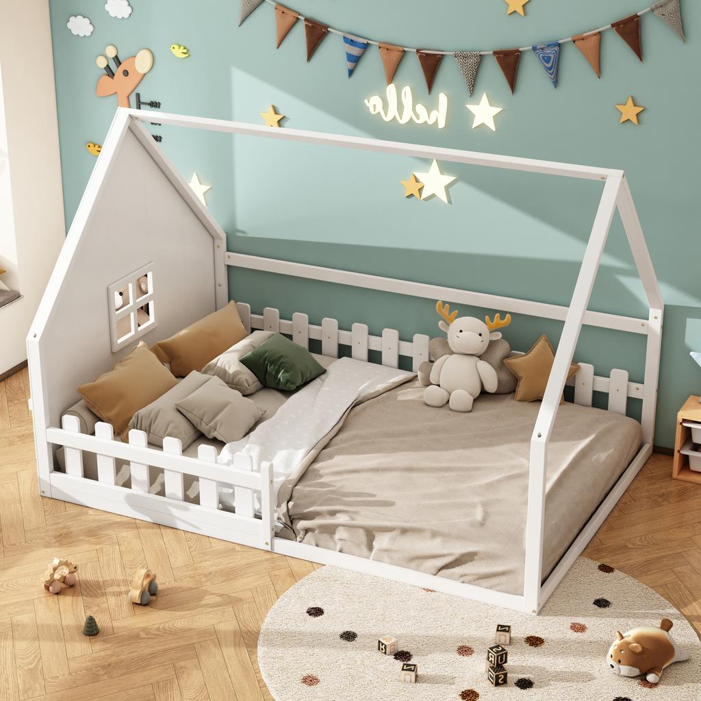 Low Bed, 140*200 cm, Children's Bed, House Frame, Guard Rail, Pine Wood, White