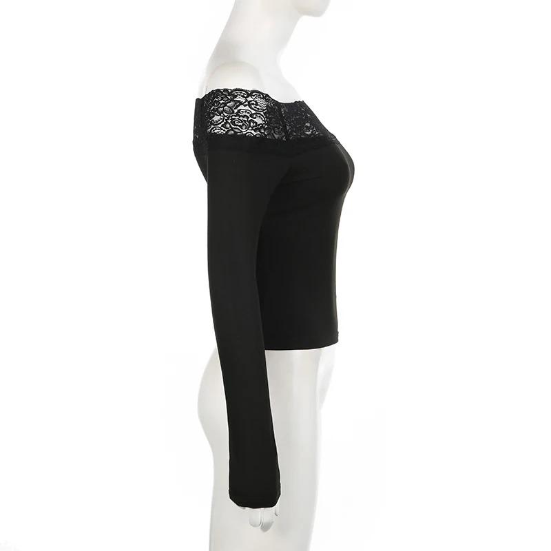 Черный кружевной топ с вырезом-лодочкой, элегантные сексуальные обтягивающие футболки с длинным рукавом для женщин, футболки Harajuku Y2k Autumn Tees Basic