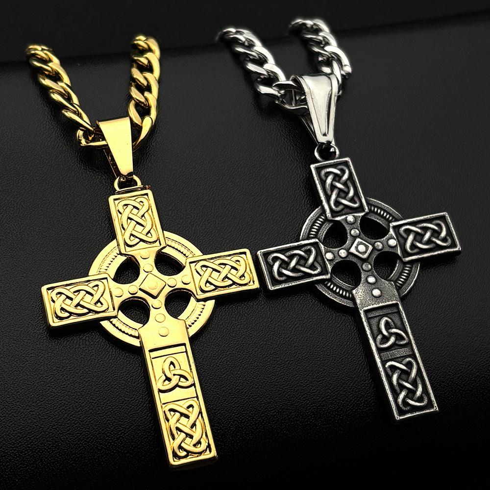 Vintage Stainless Steel Christian Cross Pendant Necklace for Women Men Fashion Nordic Celtic Knot Amulet Hip Hop Chain Jewelry