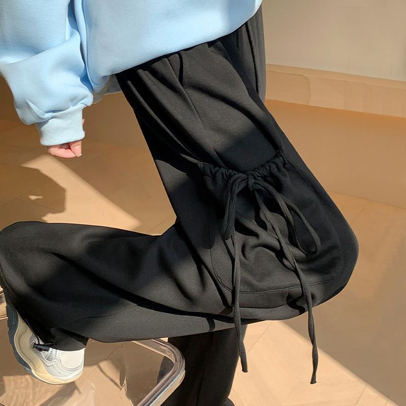 Gray Sweatpants Women's Autumn and Winter New High-waisted Loose-strapped Bow Straight-leg Pants Design Sense Casual Wide-leg Pants