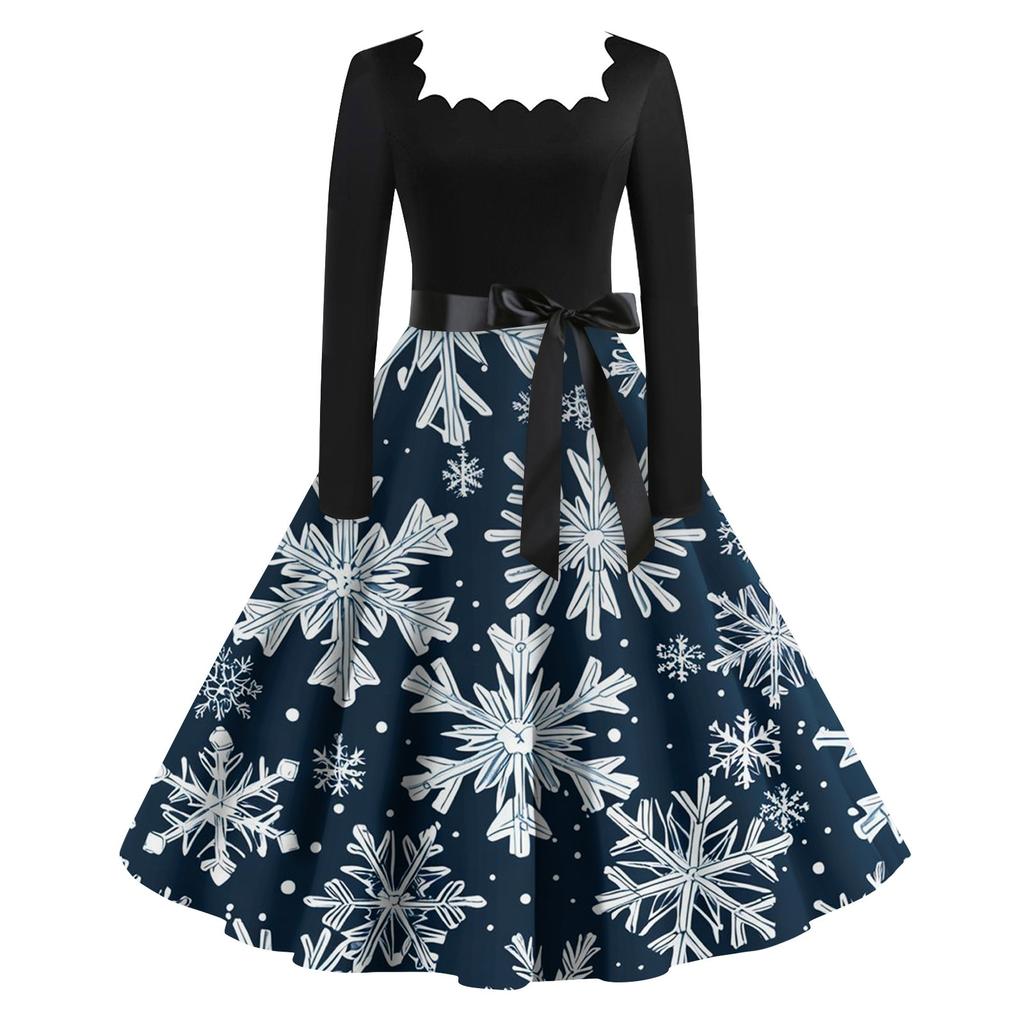 Women's Fashion Vintage Long Sleeve Square Neck Christmas Printed Evening Party Dresses Dresses