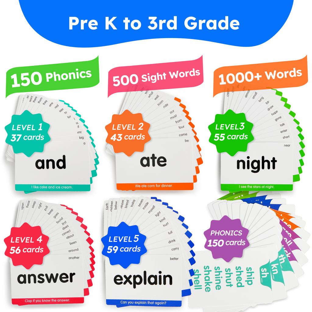 650 Sight Words & Phonics Flash Cards, Learn To Read CVC, Blends, Long Vowel Sounds, Dolch & Fry High Frequency Site Words