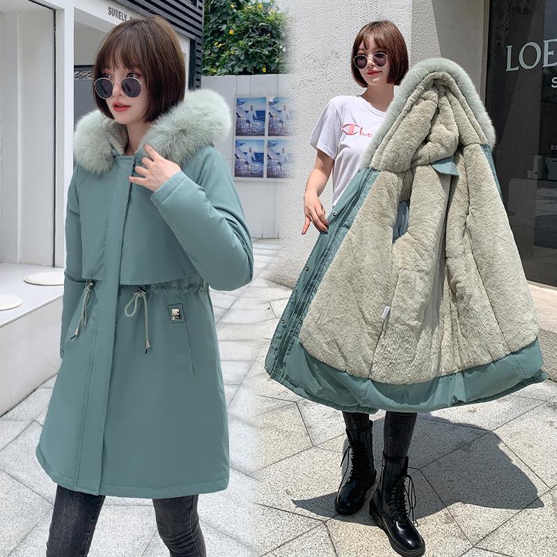 Женская осенне-зимняя тонкая теплая длинная парка с капюшоном и меховым воротником с длинным рукавом и плюшевой завязкой