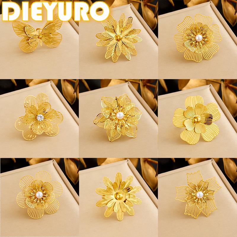 DIEYURO 316L Stainless Steel Golden Hollow Striped Flower Inlay Pearl Zircon Opening Ring Lady New Fashion Concise Ring Jewelry