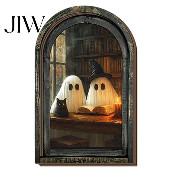 Spooky Halloween Wall Hanging Vintage Arch Wooden Sign, Gothic Ghost Decor Retro Arched Sign with Bracket, Rustic Dark Aesthetic Home Ornament