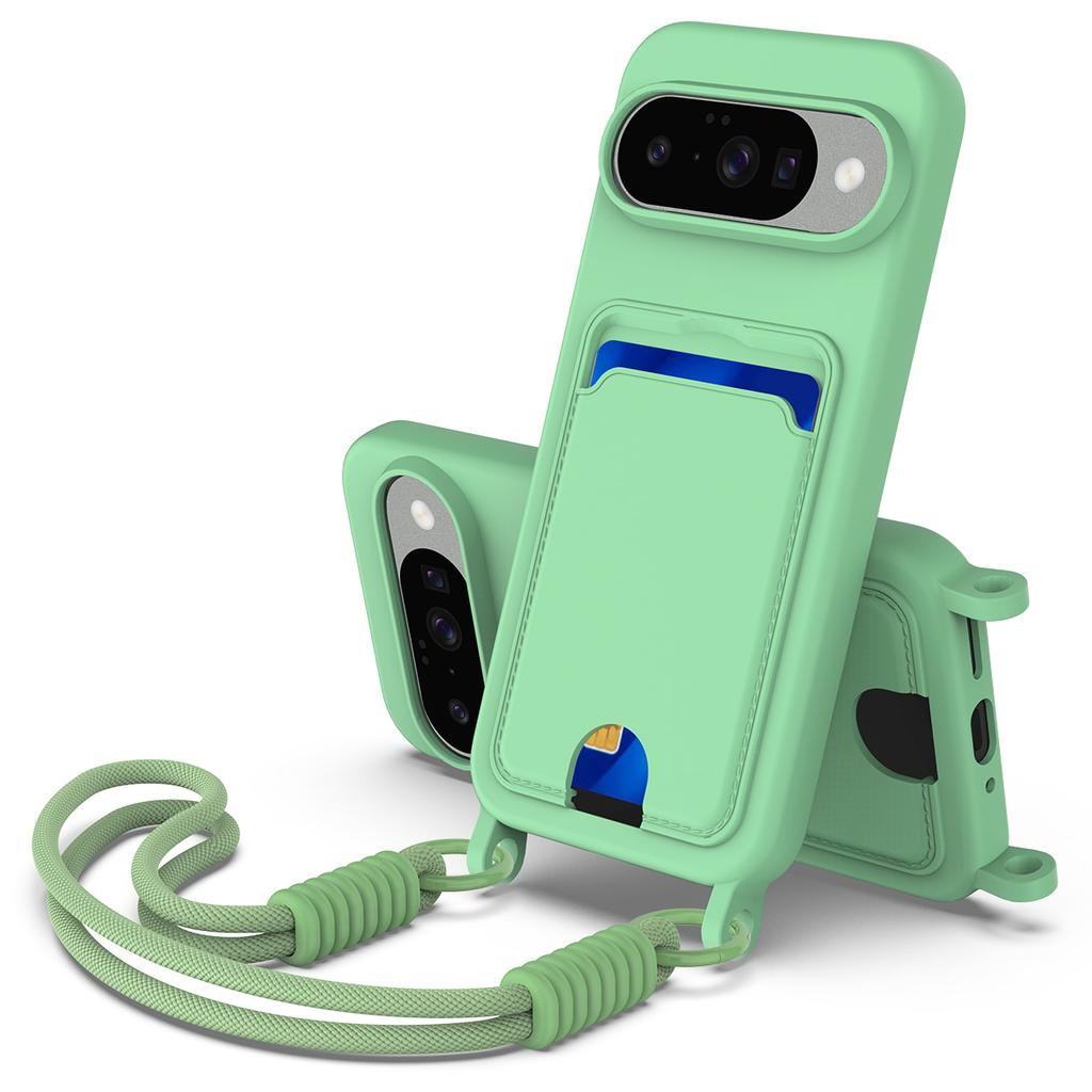 For Google Pixel 10 Liquid Silicone Case Phone Back Cover with Card Holder and Short Strap