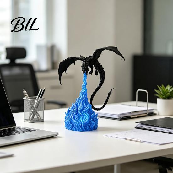 Fantasy Theme Room Decor 3D Printed Fire-Breathing Dragon Statue, Mystical Figurine with Flame Office Desk Accessories Base, Desktop Ornament