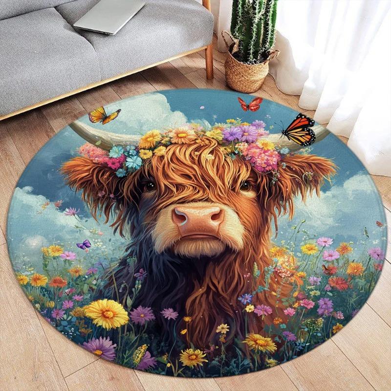 Flower Wreath Highland Cow Round Rug Floor Mat Door Mat Entrance Mat for Home Decoration