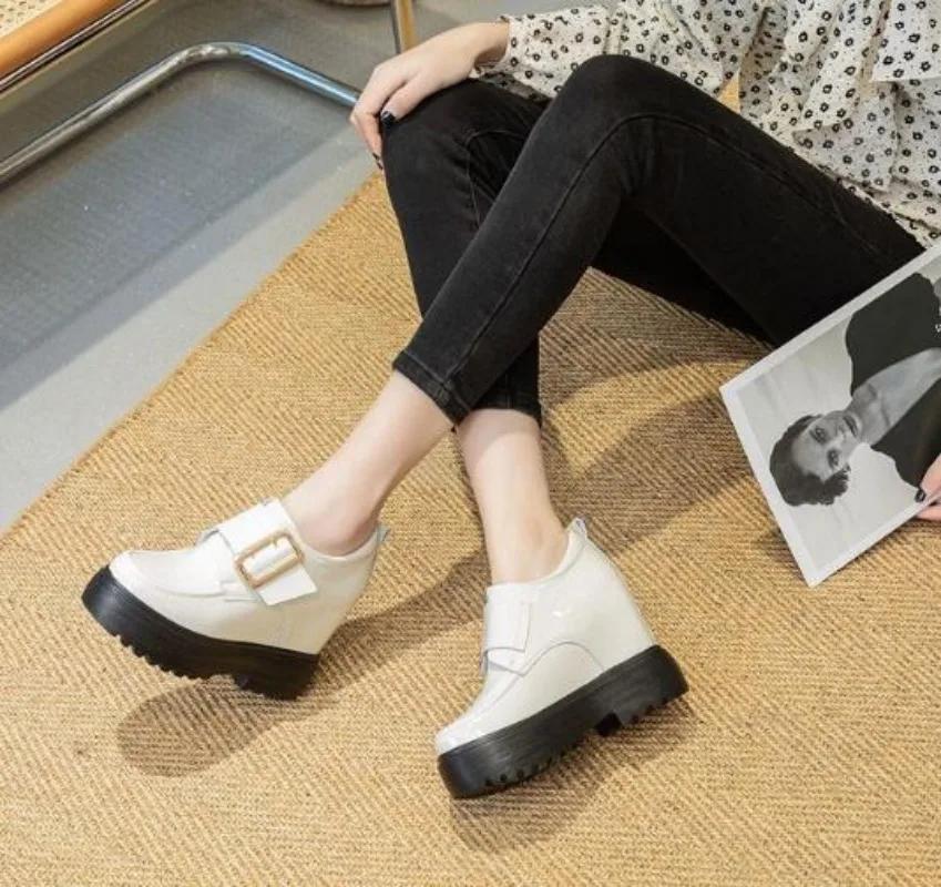 Fashion 11cm Genuine Leather Fashion Walking Height Increasing Loafers Ladies Casual Platform Wedge Women Slip On Student Shoes Slippers