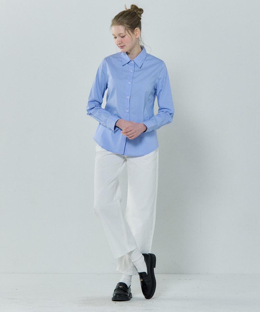 BASIC HOUSE Women'S Striped Regular Fit Long Sleeve Shirt Blue Lzws3201