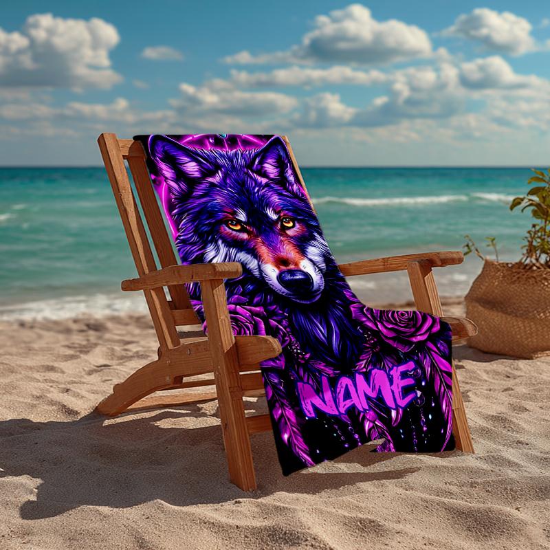 Custom Name Ultra-Soft Beach Towel with Wolf Theme,Ideal for Pool - Camping, Diving - Perfect Travel Essential, Vibrant Beach Towel.