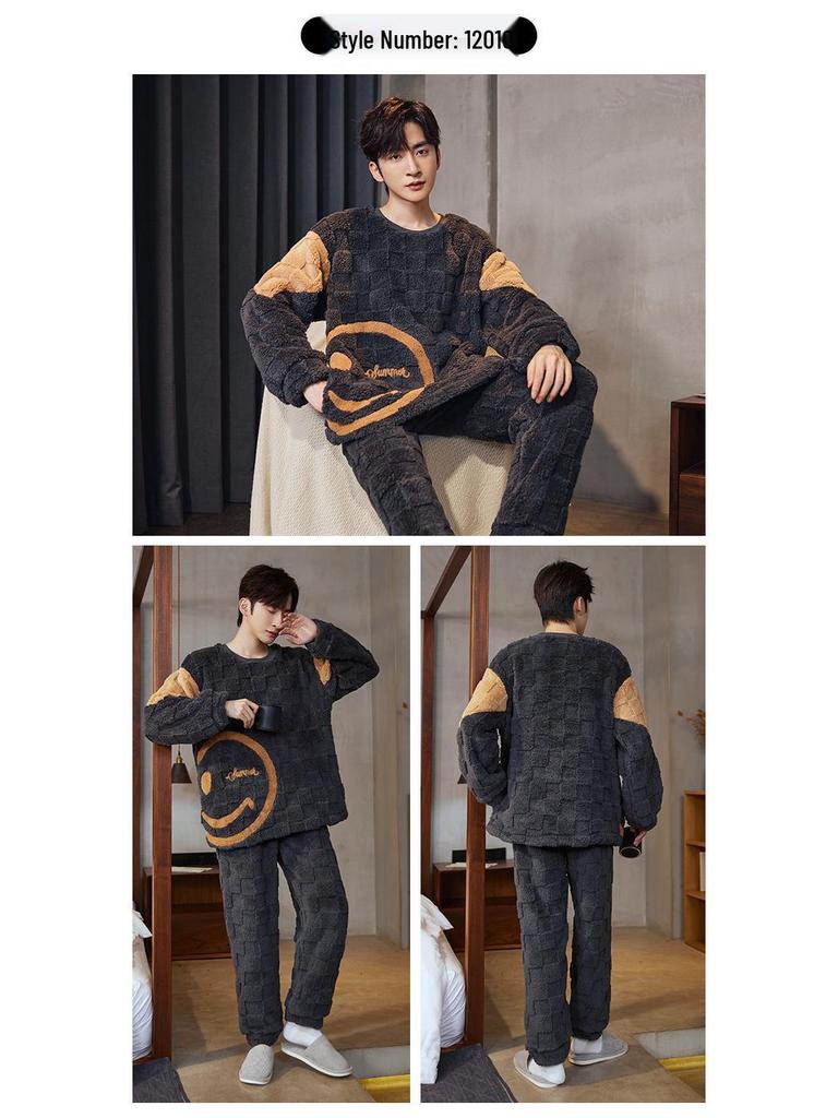 Men's Winter Flannel Pajamas - Thick Plush Coral Fleece Long Sleeve Set