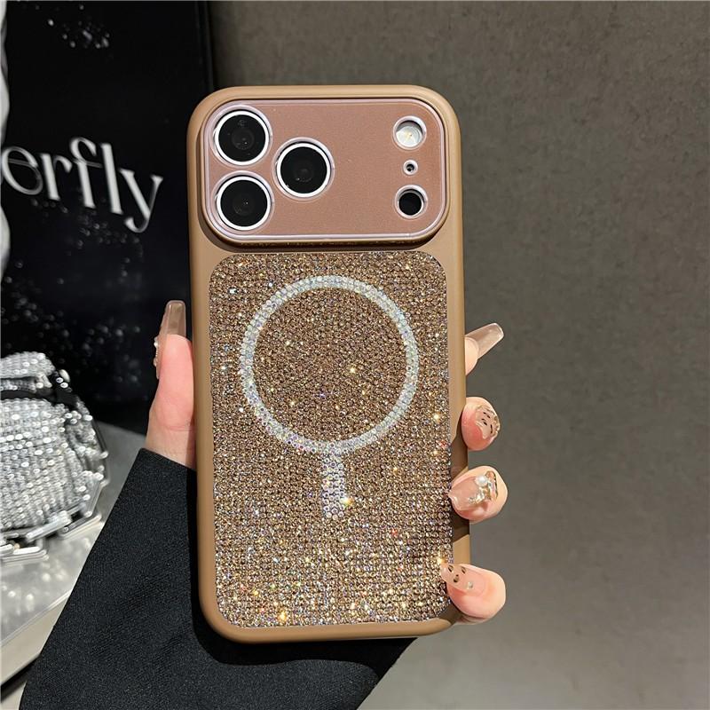 Sparkling Diamond For Magsafe Magnet Case For iPhone 17 Pro Max 16 Pro Max Metal Buttons Camera Protection Inside Flannel Cover