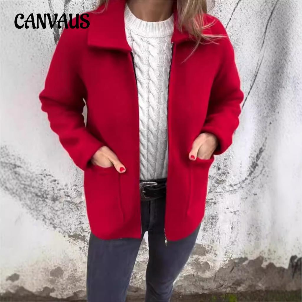 Women's Single-sided Tweed Fall and Winter Lapel Knit Zipper Casual Jacket