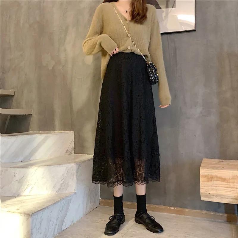 Female Lady Korean Style Black White Blue Lace Midi Skirt Women Spring Autumn Cute Elegant Office A-line Skirt
