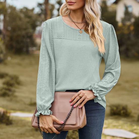 Женские топы с длинным рукавом и круглым вырезом, сетчатые топы, однотонные, дышащие, с рукавами-фонариками, повседневная футболка, повседневная одежда