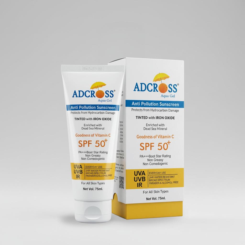 ADCROSS AQUA GEL SPF 50+ | Увлажняющий солнцезащитный крем 75 мл | Защищает кожу от повреждений углеводородами | Для всех типов кожи | С тонирующим эффектом (оксид железа)