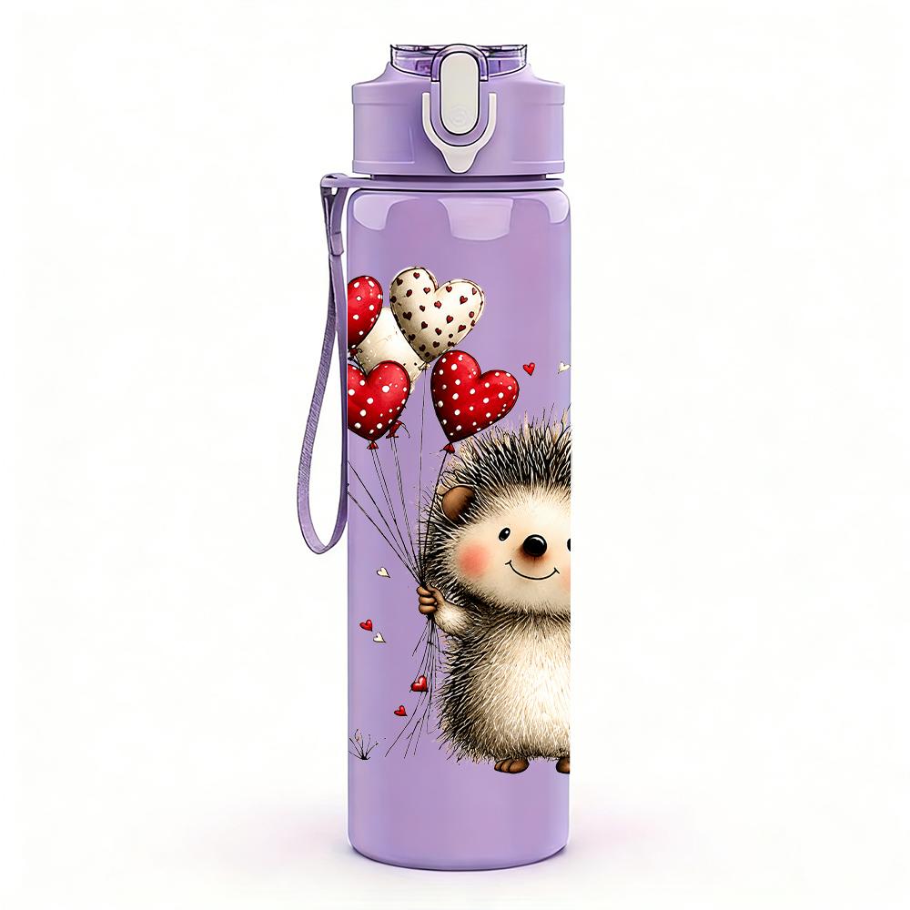 1PC Hedgehog Heart Balloon Graphic,750ml Color Plastic Sports Water Bottle,Leakproof Flip Straw Lid,Suitable for Sports Office Home Use