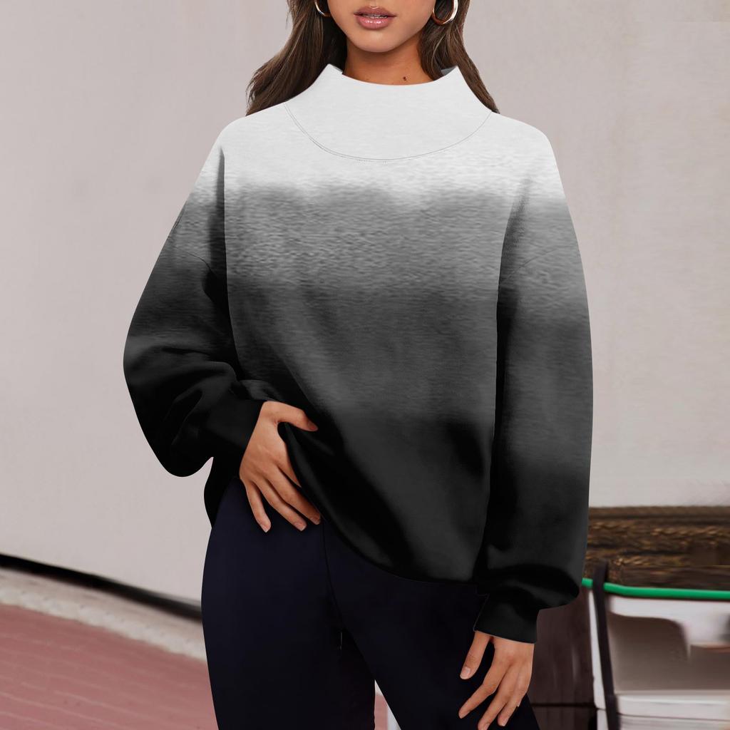 Женская мода градиент цвета с длинным рукавом свободный разрез половина водолазка толстовка топ
