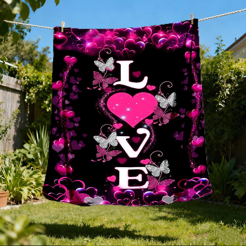 1pc Love Hearts Butterfly Print Outdoor Flannel Blanket Soft All Season Polyester Throw , Perfect for Picnics & Travel , Picnic Accessory