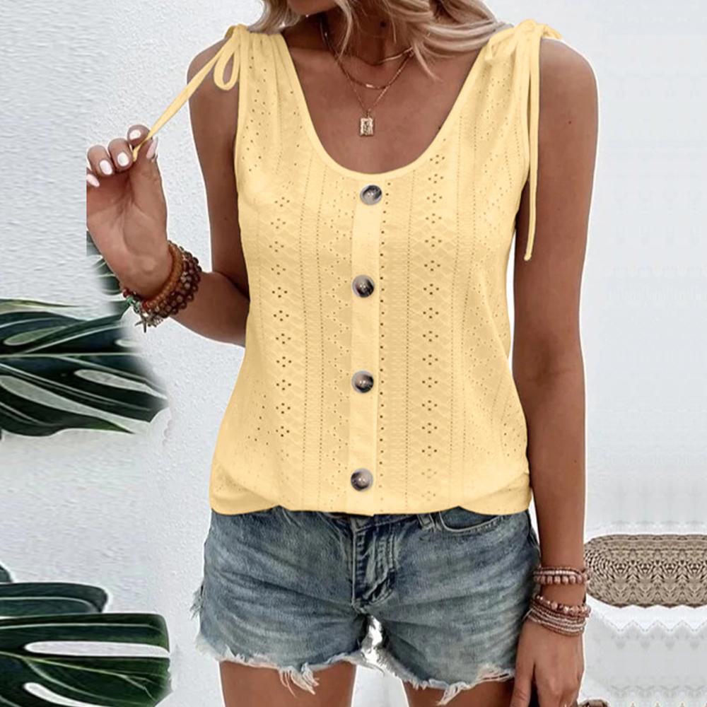 Womens Button Strappy Solid Casual Tank Ladies Summer Loose Beach Sexy Vest Tops