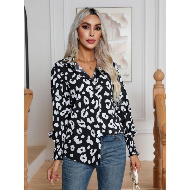 Весенне-осенняя женская рубашка с леопардовым принтом и рукавами-фонариками, блузка с длинными рукавами