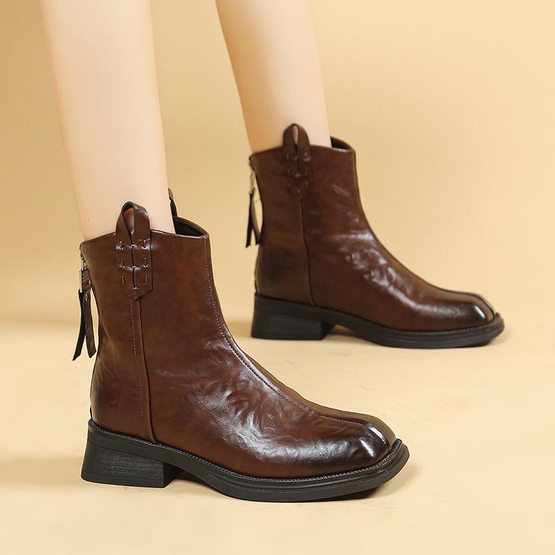 Женские ботильоны в стиле ретро, корейские короткие ботинки, зима 2024, новые квадратные носки из крокодиловой кожи, удобные водонепроницаемые модные уличные ботинки