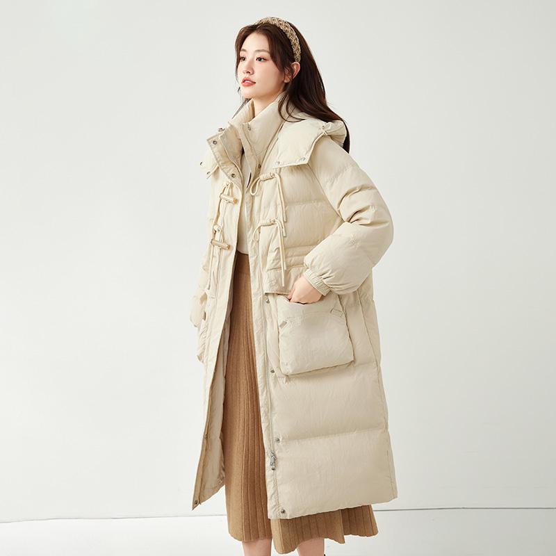 Women's Long Loose Light Down Jacket Autumn Winter Hooded Straight White Duck Down Coat Stand Collar Big Pocket Solid Color
