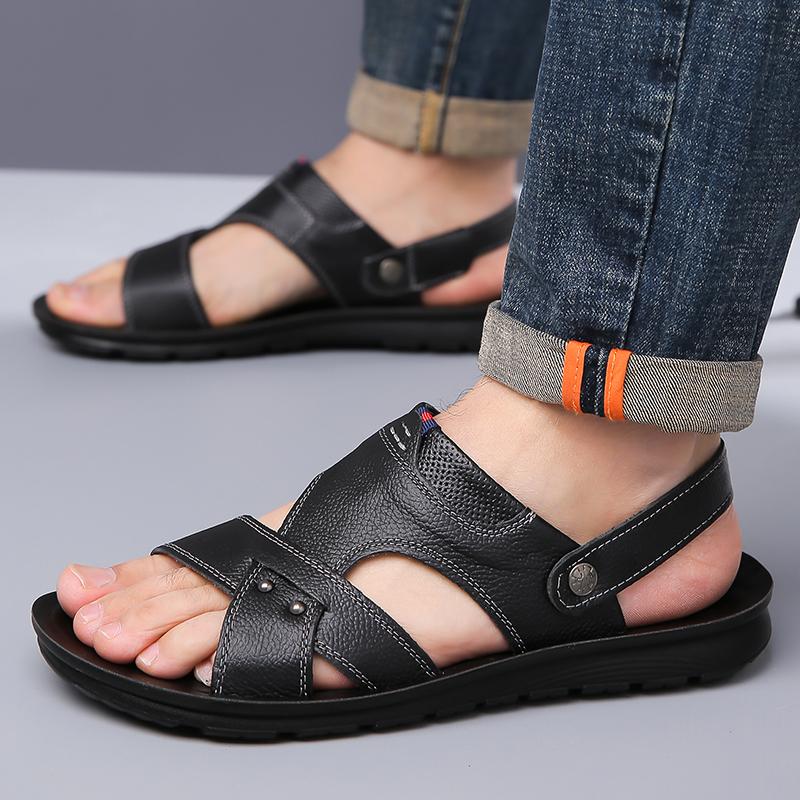 Men Black Leather Sandals Summer Brown Outdoor Hiking Sandals Outdoor Wide Head Beach Shoes for Father Over Sized