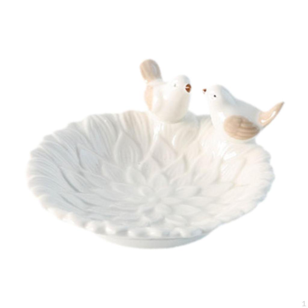 12.8 Cm Round Porcelain Jewelry Tray for Earrings And Business Cards with 2 Bird Statues As A