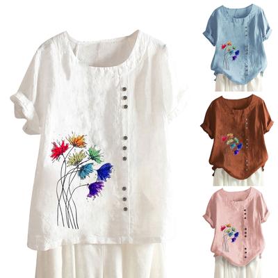 Женская хлопково-льняная футболка с круглым вырезом, коротким рукавом и пуговицами, футболка с принтом