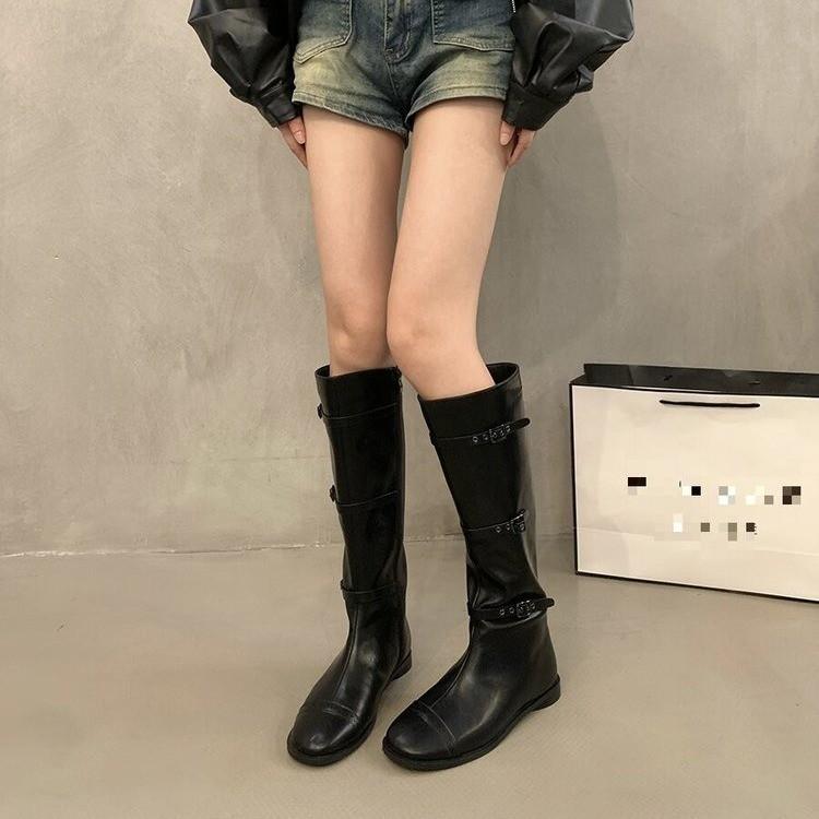 Walk Show Belt Buckle Boots Women'S Flat Heel Long Tube But Knee Retro Martin Knight Boots Western Cowboy Boots