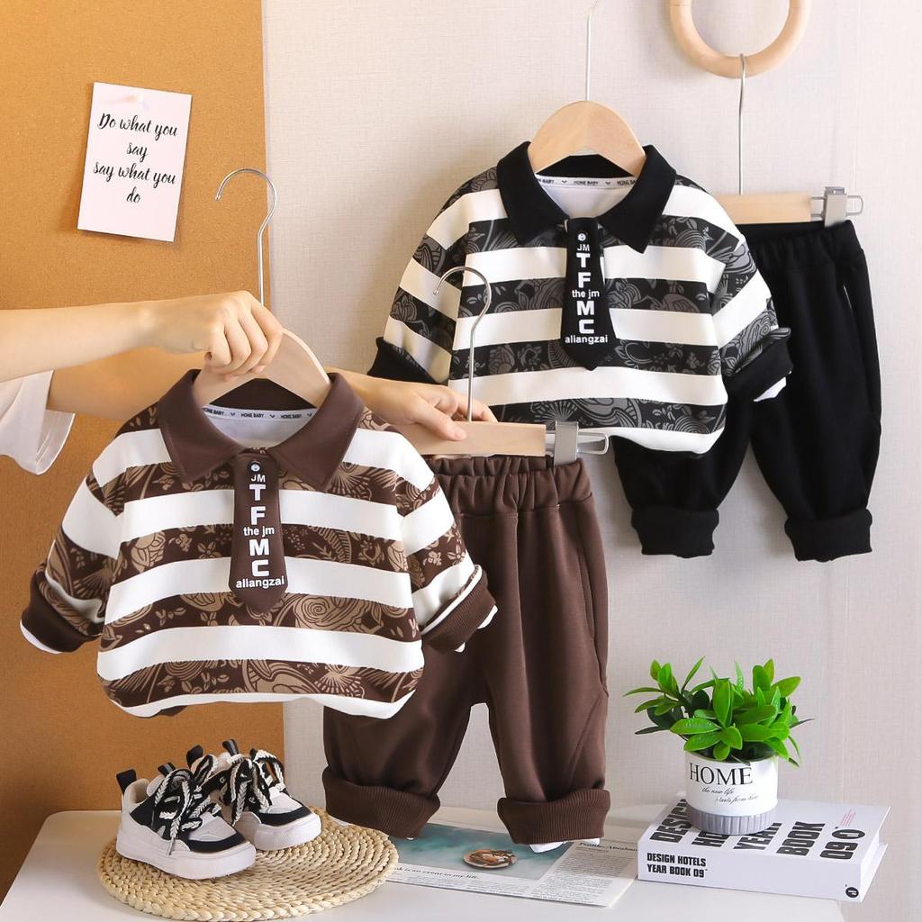 Комплект из двух предметов с длинным рукавом для мальчиков - полосатая рубашка ПОЛО с галстуком + повседневные брюки - Одежда высокого качества - размеры S-XXL