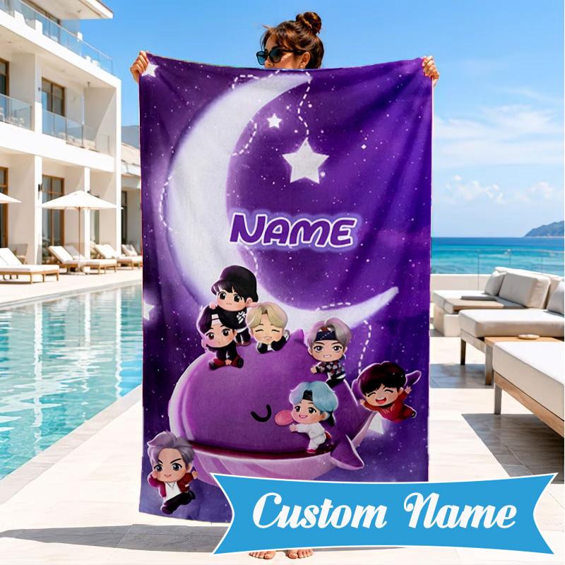 Custom Name Music Friends K-pop Beach Towel Microfiber Beach Towel, Lightweight and Quick-Dry, for Summer Travel, Swimming Pool Gift