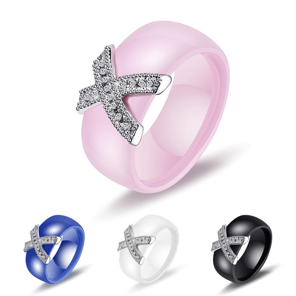Европейская и американская пара, парные черные и белые керамические X-образные кольца с цирконами - 8 мм, модное кольцо.