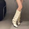 White High-heeled Trouser Boots Women's Thick-heeled Pointed-toed Knee-length Boots Belt-buckle High Boots